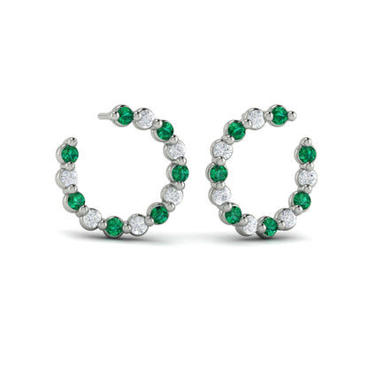 Forward-facing Diamond and Emerald  Open Hoop Earrings