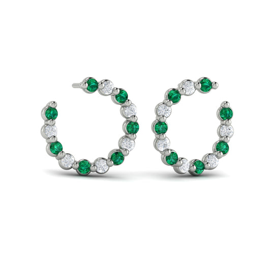 Forward-facing Diamond and Emerald  Open Hoop Earrings
