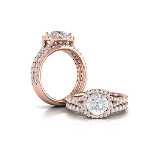 Round Halo, Split Shank Engagement Ring in 14K Rose Gold by Vlora Bridal