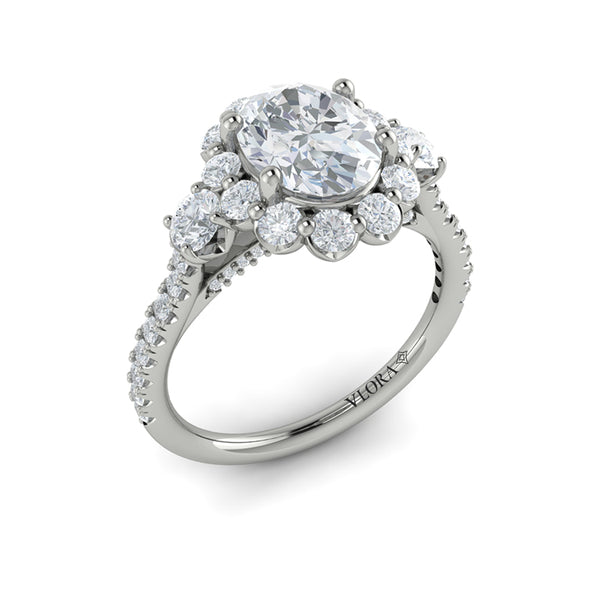 Oval Three Stone, Halo Engagement Ring in Platinum by Vlora Bridal