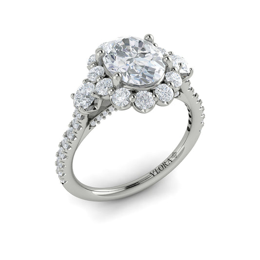 Oval Three Stone, Halo Engagement Ring in Platinum by Vlora Bridal