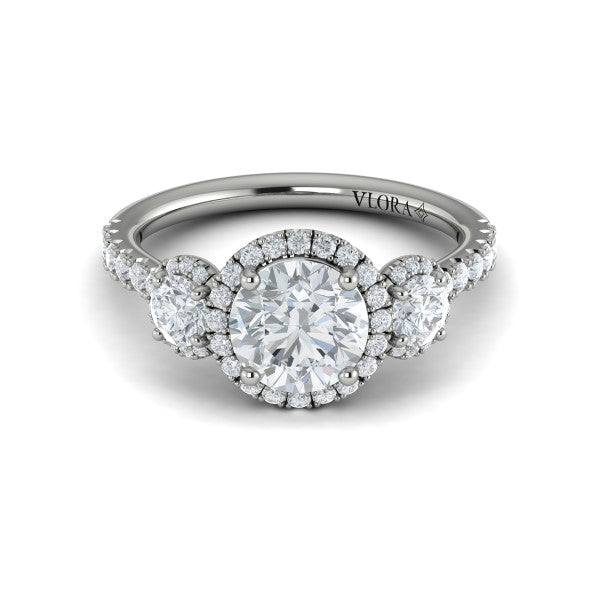 Round Three Stone, Halo Engagement Ring in Platinum by Vlora Bridal