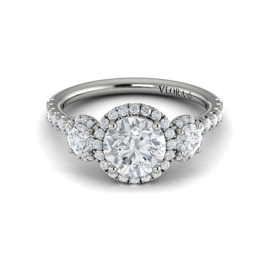 Round Three Stone, Halo Engagement Ring in Platinum by Vlora Bridal