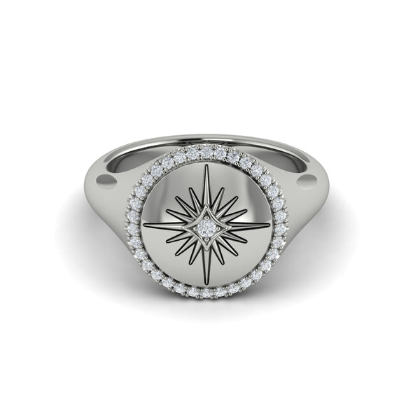 Center Starburst Diamond and Bezel Signet Ring