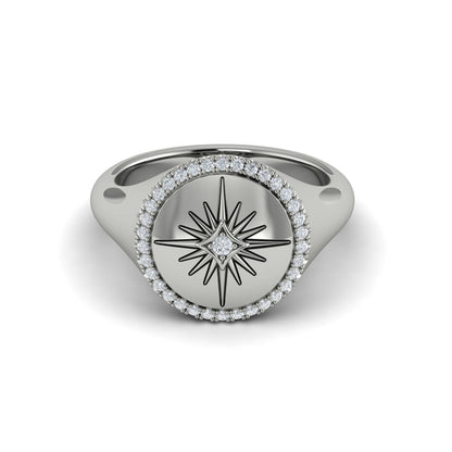 Center Starburst Diamond and Bezel Signet Ring