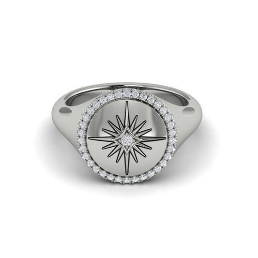 Center Starburst Diamond and Bezel Signet Ring