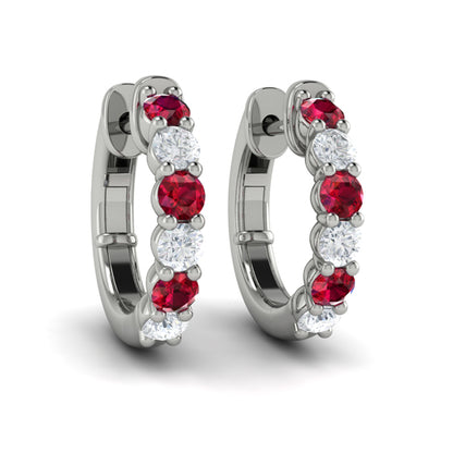 Forward-facing Diamond and Ruby  Open Hoop Earrings
