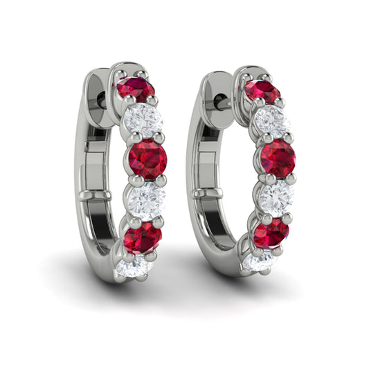 Forward-facing Diamond and Ruby  Open Hoop Earrings