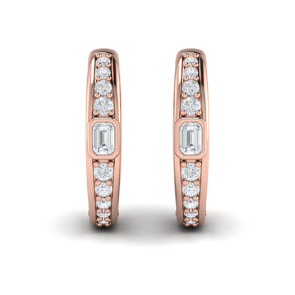 Bezel Set Emerald and Round Diamond Hoop Earrings