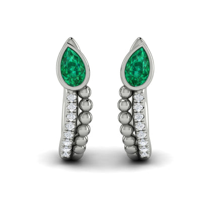 Pear Shaped Bezel Set Emerald and Diamond Huggie Earrings