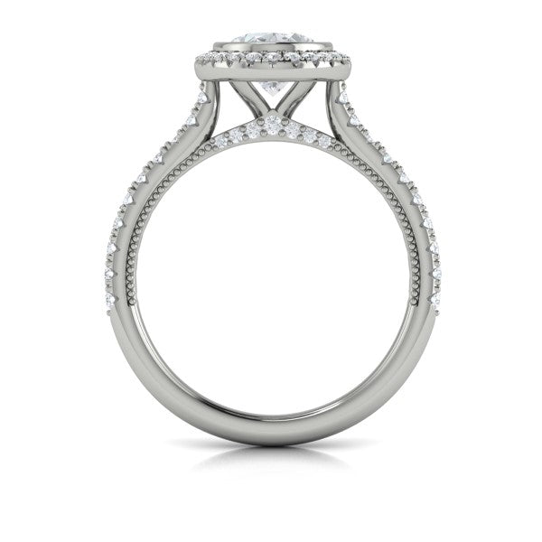 Oval Halo, Bezel, Modern Vintage Engagement Ring in Platinum by Vlora Bridal