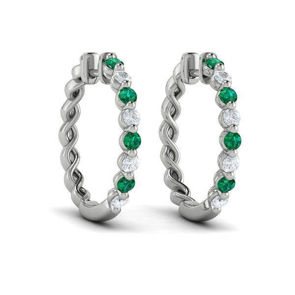 Diamond and Emerald  Twist Hoop Earrings