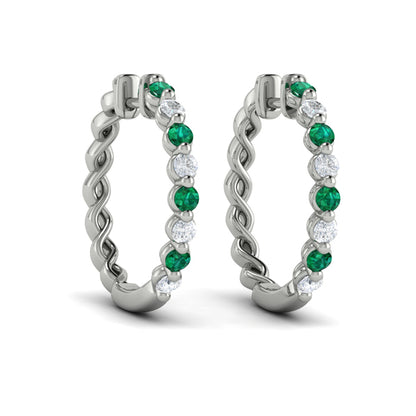 Diamond and Emerald  Twist Hoop Earrings