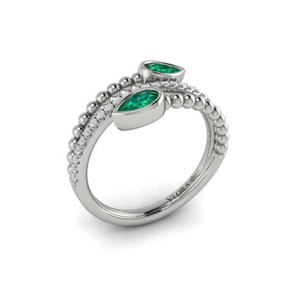 Bezel Set Pear shaped Emerald and Diamond Wrap Ring