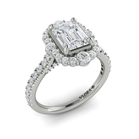 Emerald Cut Halo Engagement Ring in Platinum by Vlora Bridal