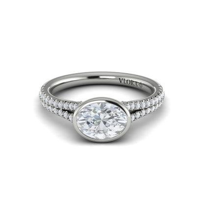Oval Classic, Bezel, Split Shank Engagement Ring in Platinum by Vlora Bridal