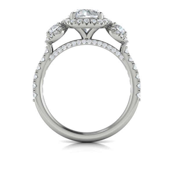 Round Three Stone, Halo Engagement Ring in Platinum by Vlora Bridal