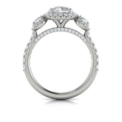 Round Three Stone, Halo Engagement Ring in Platinum by Vlora Bridal