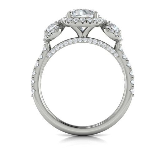 Round Three Stone, Halo Engagement Ring in Platinum by Vlora Bridal