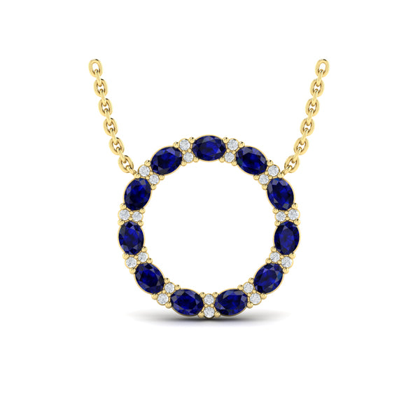 Oval Blue Sapphire and Diamond Open Circle Pendant Necklace