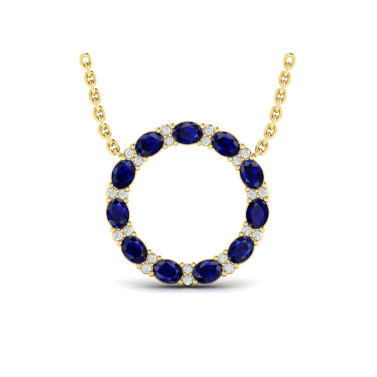 Oval Blue Sapphire and Diamond Open Circle Pendant Necklace