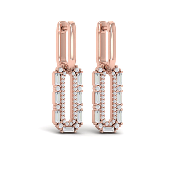 Diamond Baguette Double Row Link Drop Huggie Earrings