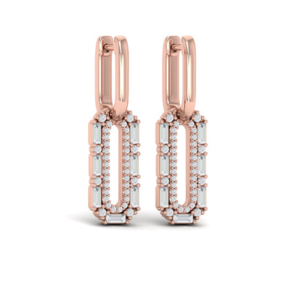 Diamond Baguette Double Row Link Drop Huggie Earrings