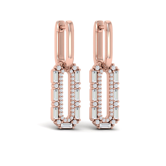Diamond Baguette Double Row Link Drop Huggie Earrings