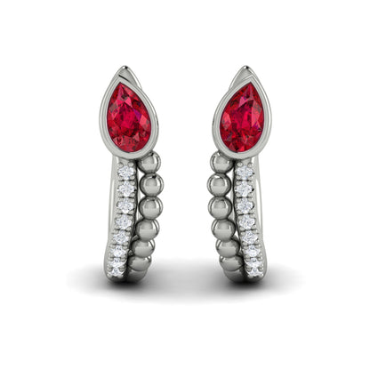 Pear Shaped Bezel Set Ruby and Diamond Huggie Earrings