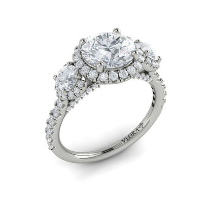 Round Three Stone, Halo Engagement Ring in Platinum by Vlora Bridal