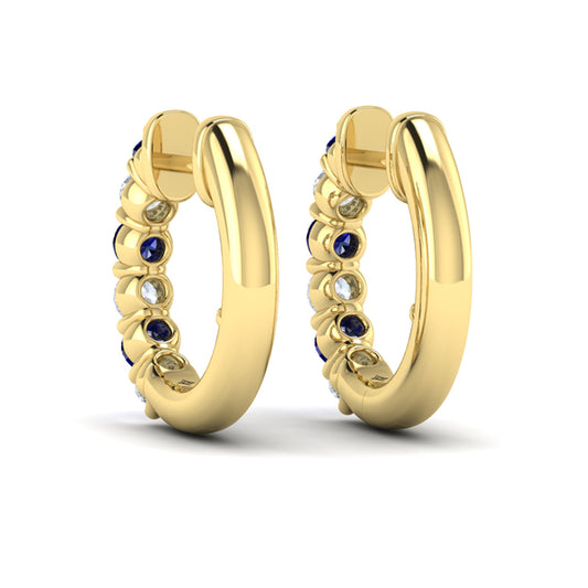 Forward-facing Diamond and Blue Sapphire  Open Hoop Earrings