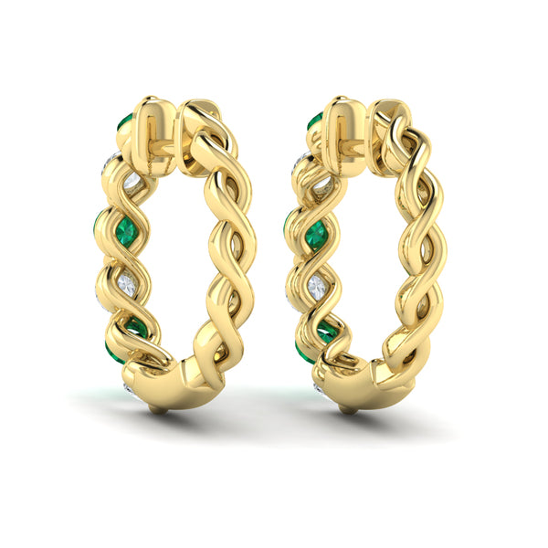 Diamond and Emerald  Twist Hoop Earrings