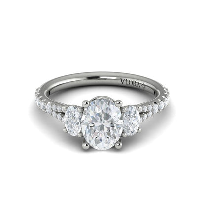 Oval Three Stone, Split Shank Engagement Ring in Platinum by Vlora Bridal