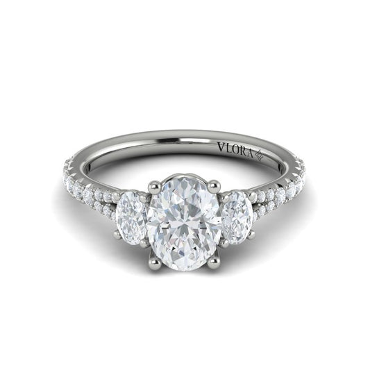 Oval Three Stone, Split Shank Engagement Ring in Platinum by Vlora Bridal