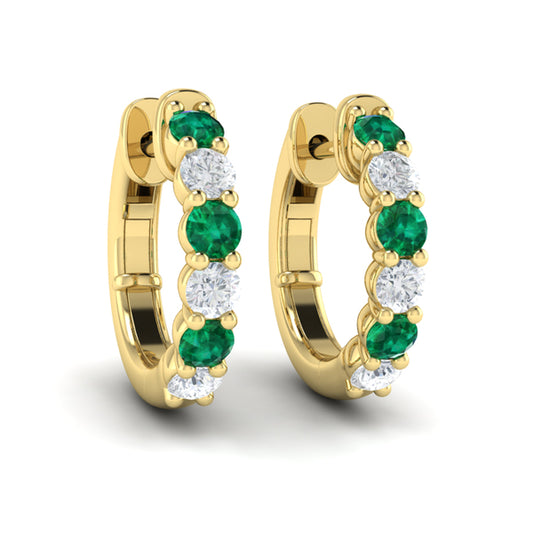 Forward-facing Diamond and Emerald  Open Hoop Earrings