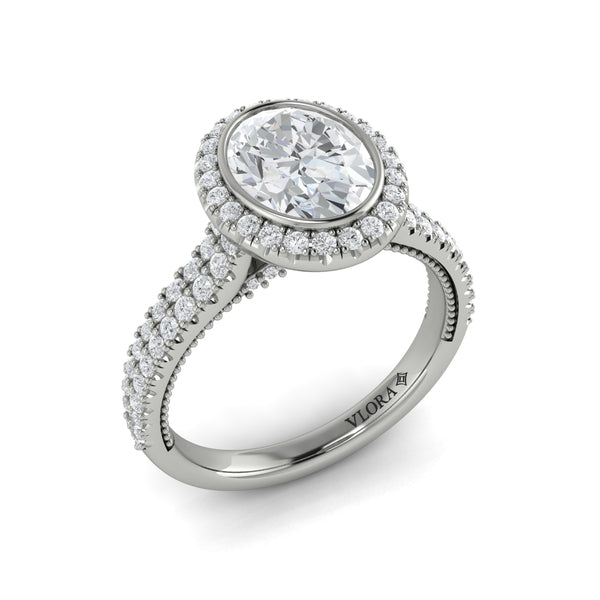 Oval Halo, Bezel, Modern Vintage Engagement Ring in Platinum by Vlora Bridal
