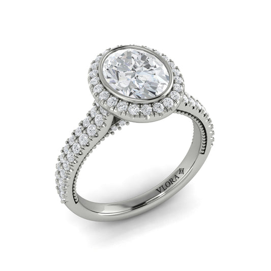 Oval Halo, Bezel, Modern Vintage Engagement Ring in Platinum by Vlora Bridal