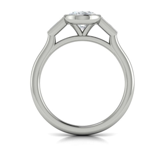 Oval Three Stone, Bezel Engagement Ring in Platinum by Vlora Bridal