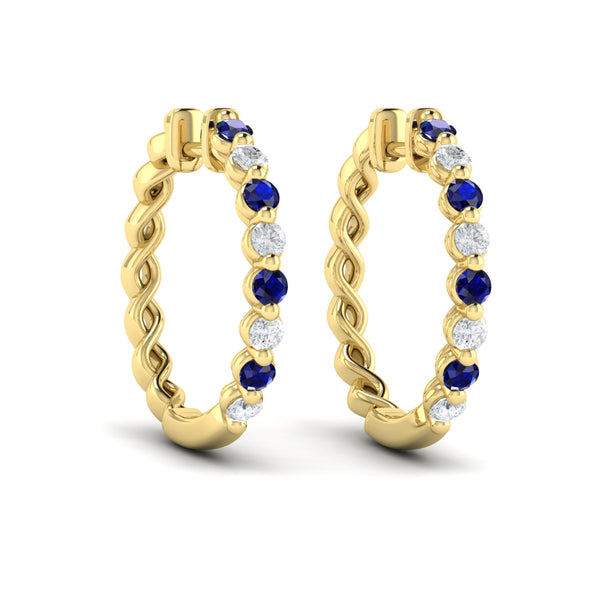 Diamond and Blue Sapphire  Twist Hoop Earrings