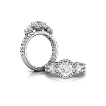 Round Three Stone, Halo Engagement Ring in 14K White Gold by Vlora Bridal