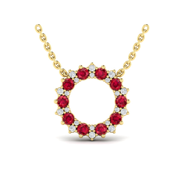 Diamond and Ruby Open Starburst Circle Pendant Necklace