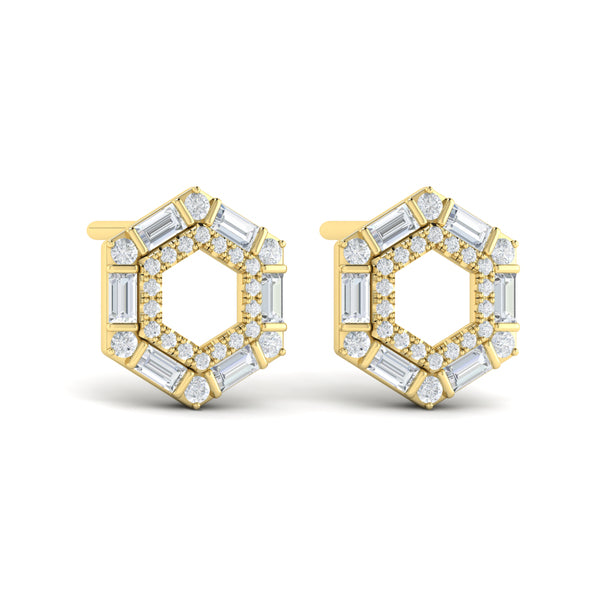 Diamond Baguette Double Row Open Honeycomb Stud Earrings