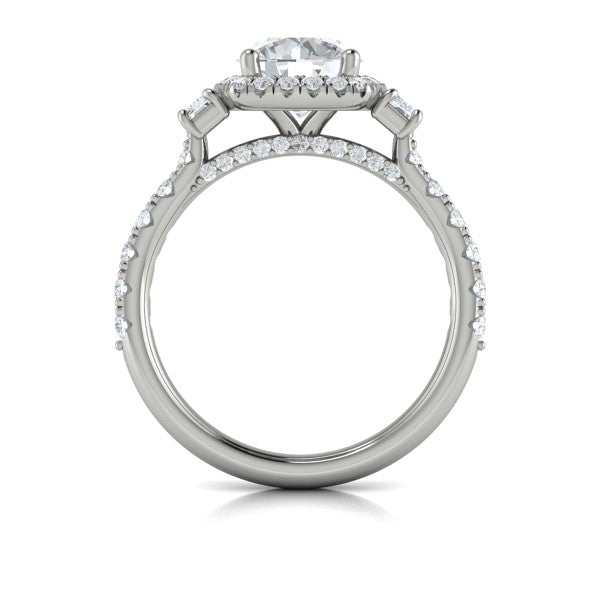 Round Three Stone, Halo Engagement Ring in Platinum by Vlora Bridal
