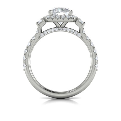 Round Three Stone, Halo Engagement Ring in Platinum by Vlora Bridal