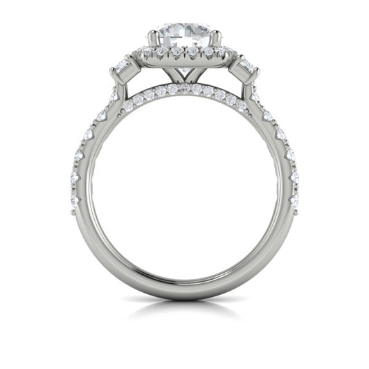 Round Three Stone, Halo Engagement Ring in Platinum by Vlora Bridal