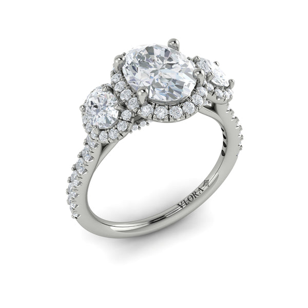 Oval Three Stone, Halo Engagement Ring in Platinum by Vlora Bridal
