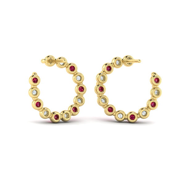 Forward-facing Diamond and Ruby Open Hoop Earrings