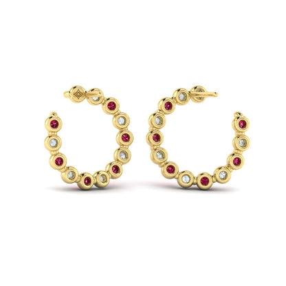 Forward-facing Diamond and Ruby Open Hoop Earrings
