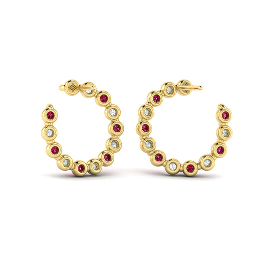 Forward-facing Diamond and Ruby Open Hoop Earrings