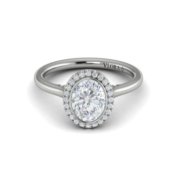 Oval Halo, Bezel Engagement Ring in Platinum by Vlora Bridal